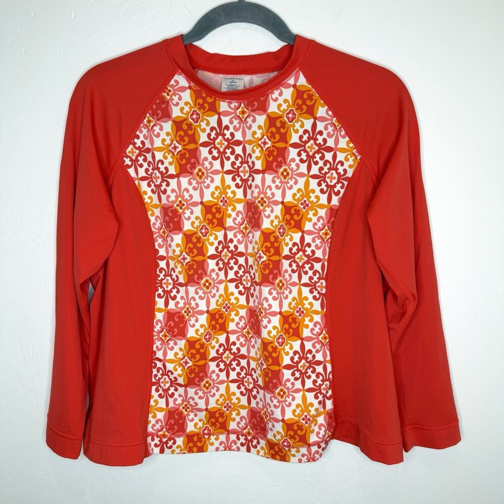 Lands’ End Long Sleeve Rash Guard Swimsuit Top Womens Plus 2X Red Print